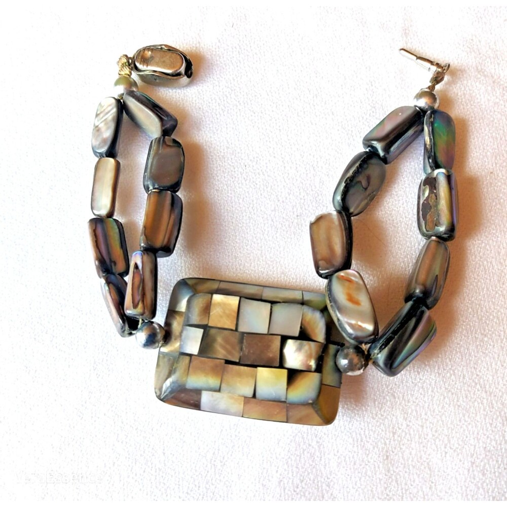 Vintage Mother of Pearl Abalone Paua Shell Beaded Mosaic Bracelet 7.5" - Picture 3 of 10